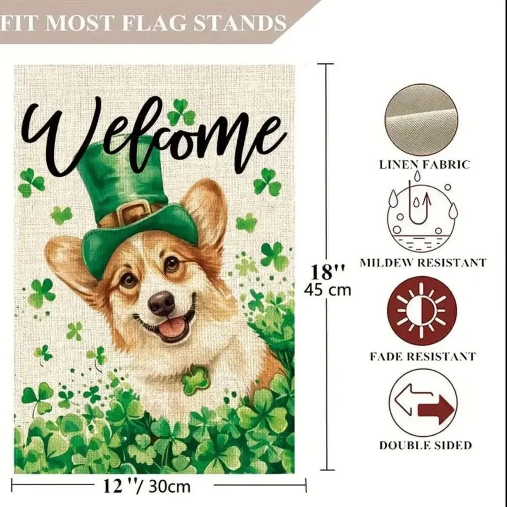 St Patricks Day Corgi Dog Garden Flag Shamrock Clover Welcome Yard Holiday Decor